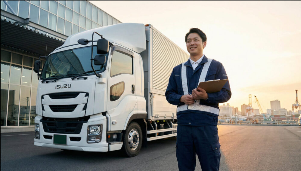 名古屋の物流施設で4tウィング車の前に立つ若手トラックドライバー